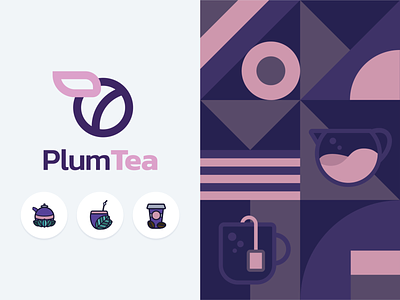 PlumTea - Tearoom & online tea shop logo concept brand design brand identity branding coffee coffeeshop geometry icon icons logo logotype pattern pattern design plum product design purple tea tearoom yerba