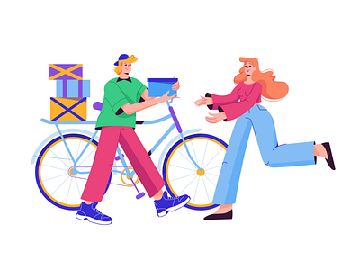 Delivery app bike boxes branding color delivery flat girl graphic design green illustration presents shipping sneakers ui ux vector web