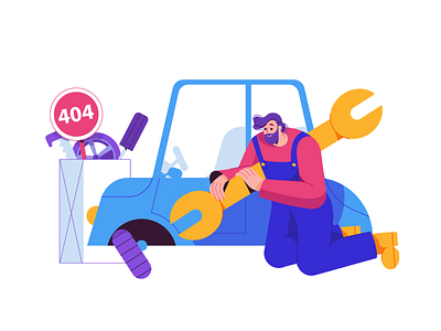 Error 404 breakdown car design driver error flat illustration key man person tool web worker