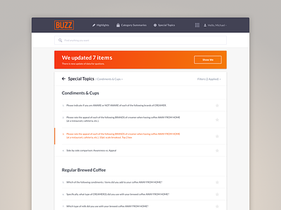 BUZZ Redesign analytics buzz coffee dark data list listing orange web