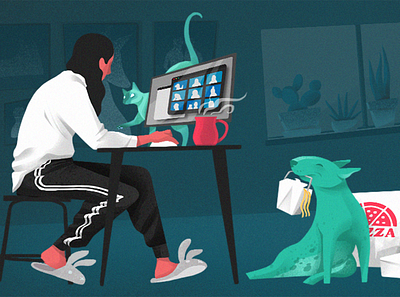 Work From Home animal bullterrier cartoon cat character characterdesign coffee computer dog illustration takeout videocall woman work workfromhome zoom