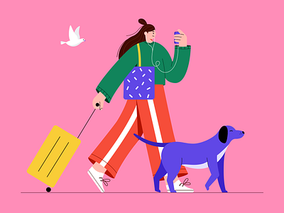 Travel bird design dog girl illustration travel walk