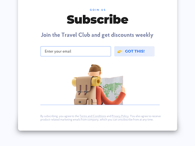 Subscribe screen for travel's 3d character clean design dude form free freebie illustration landing subscribe ui ux web