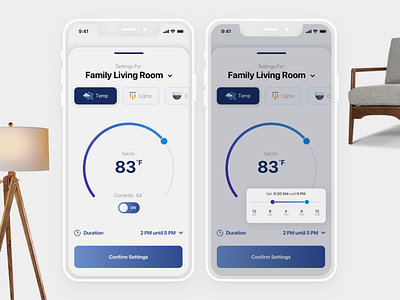 Daily UI 007: Smart Home Settings dailyui living room design mobile selecting time settings sketch slider ui smart home smart home app temperature ui