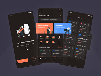 Joboard - Onboarding, Home, Popular Job List (Dark Mode)