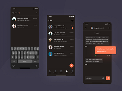 Joboard - Chat (Dark Mode) app chat employee employer hiring hiring platform ios ios app job job application job board minimal mobile mobile app recruiter ui ui kit ux vacancies vacancy