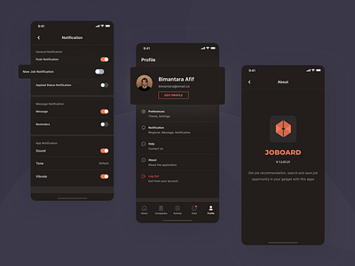 Joboard - Notification (Dark Mode) about app branding employee employer hiring hiring platform illustration ios ios app job job board logo minimal mobile notification profile ui ui kit ux