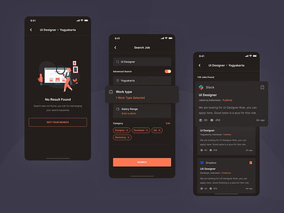 Joboard - Search (Dark Mode) advanced search app dark mode employee employer hiring hiring platform illustration ios job job application job board minimal mobile mobile app search ui ui kit ux vacancy