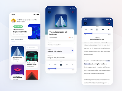 Audio Book Player App Exploration android audio audiobook book card clean dashboard detail ebook ios listening mobile app player portfolio reader screen search text ui design ux design