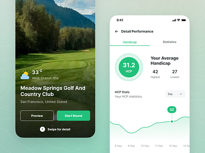 Holeswing - Performance (Light Mode) android app clean design game golf gps tracker ios light mode maps minimal mobile scoreboard scorecard social media sports statistic ui ui kit ux