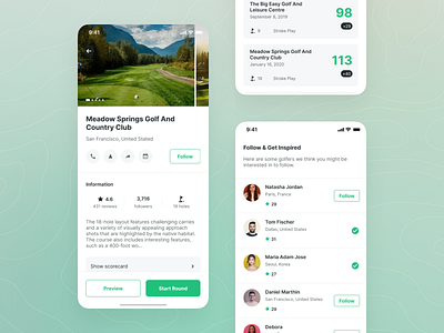 Holeswing - Match and Follow Page (Light Mode) android app design follow friends game golf green ios light mode match minimal mobile mobile app play social media social profile ui ui kit ux