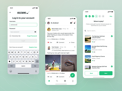 Holeswing - Register, Dashboard, Location (Light Mode) android dashboard golf green home dashboard ios light mode location map match minimal mobile mobile app register sign in sign up sport app ui ui kit ux