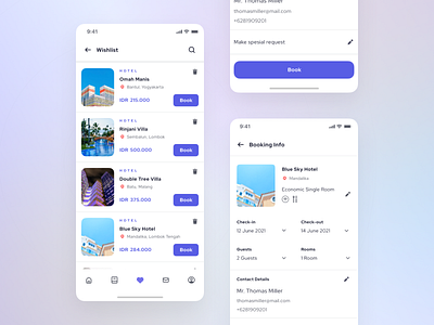 Brooms - Wishlist and Booking Info Page (Light Mode) air bnb booking apps booking page holiday home finder homestay hotel book hotel booking hotel management hotels light mode list page mobile mobile app traveling ui ui kit ux vacation wishlist