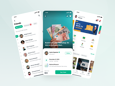 Linkonec - Home, Friend List, Event Details (Light Mode) app card card dashboard e learning event page friend list home dashboard light mode mobile mobile app online course online learning social media social profile students study app teacher ui ui kit ux