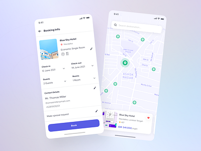 Brooms - Booking Info & Maps Page (Light Mode) android booking apps booking info booking page custom maps holiday homestay hotel management hotels ios location maps minimal mobile mobile app traveling trip ui ui kit ux