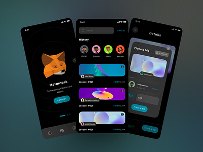 Noce - Connect, History, and Place Bid (Dark Mode) 3d illustration app auction bidding bitcoin block illustration cryptocurrency dark mode digital asset eth ethereum illustration ios minimal mobile mobile app nft ui ui kit ux