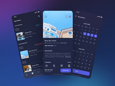 Brooms - My Orders, Places, and Date Page (Dark Mode) air bnb apartement book booking apps dark mode date picker holiday home booking home finder homestay hotel book hotel management hotels minimal mobile app my orders traveling ui ui kit ux vacation