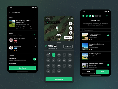 Holeswing - Match and Round Setup (Dark Mode) app clean country club golf golf course golf range ios location maps match mobile app mobile golf mobile ui places round scoring sports app ui design ui kit ux design