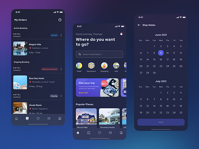 Brooms - My Orders, Places, and Date (Dark Mode) air bnb apartement book app booking apps dark mode date picker holiday home booking home finder homestay hotel management hotels minimal mobile mobile app my orders traveling ui ui kit ux