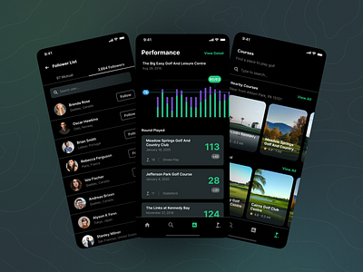 Holeswing - Follower List, Performance, Courses (Dark Mode)