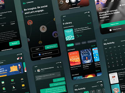 Linkonec - Collage Version (Dark Mode) app collage dark mode minimal mobile app ui ui kit ux