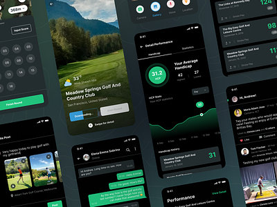 Holeswing - Collage Version (Dark Mode) app collage version dark mode follower list friend list golf golf course golf round ios minimal mobile mobile app mobile golf performance round scoring sports app ui ui kit ux