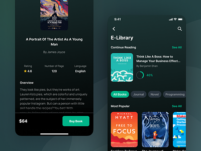 Linkonec - E-Library Page (Dark Mode) app dark mode digital library e learning e reader ebook education ios app library minimal mobile mobile app online course online learning social media study app teacher ui ui kit ux