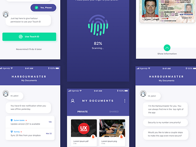 Harbourmaster - Snapshot of Screens ai app blue chatbot collage document fingerprint management minimal scan screen ux