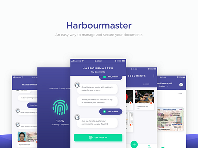 Harbourmaster - Screens Show Up app chatbot document fingerprint harbour image management minimal mobile scan thumbnail ux