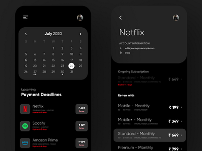 Subscriptions Alert App (Dark Mode) : Mobile Design