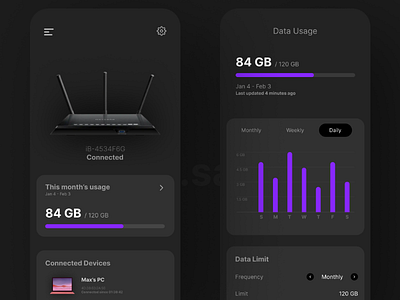 Router Stats App : Mobile Design black dark design graph minimalistic mobile progress ui ux