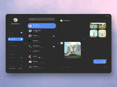 Telegram Desktop App - Dark Mode app app design black blue clean dark design flat graphic light message messanger minimalism page site telegram ui ux web white