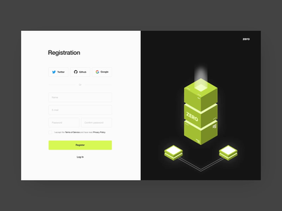 Zero - Registration api black block clean dark design graphic illustration input isometric light motion product registration token ui ux web white zero