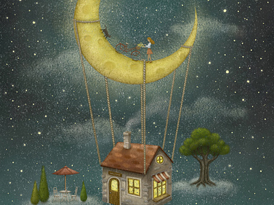 Travel With The Moon artwork crescent moon drawing fatansy home house illustration illustration art illustration design imginative magical moon moonlight painting star starry starry sky