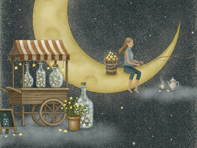 Midnight Stall artwork childrenillustration crescent moon dreamy fairytale illustration illustration art moonlight star starry starry sky vintage