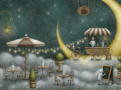 Cafe By The Moon artwork cafe children book children book illustration cloud coffee coffee stall crescent moon dreamy fairytale illustration illustration art moon moonlight night nightsky painting stall starry sky vintage