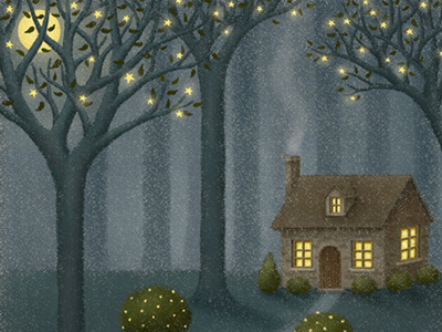 Midnight Delivery artwork artworks bookcover cat children book illustration fairytale forest home homey house illustration illustration art midnight night starry starry sky storybook tree