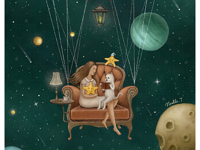 Story Time armchair artwork bookcover bookillustration cat galaxy illustration illustration art ngiht outerspace painting planets reading star starry starry sky storybook universe