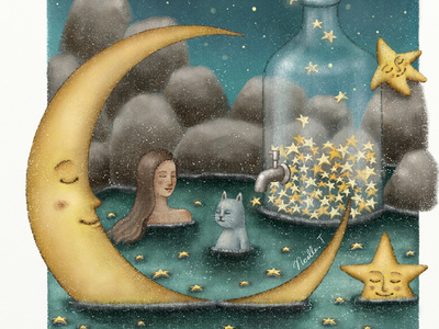 Bath Under The Starry Sky artwork bath bookcover cat children book childrenillustration crescent moon fairytale illustration illustration art moonlight night onsen painting paintings star starry storybook