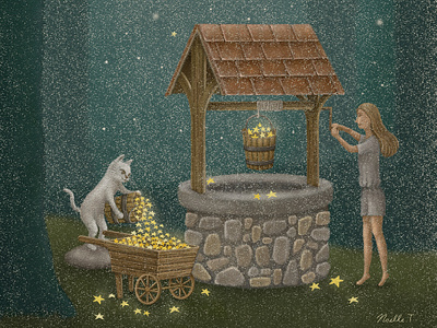 Star Well artwork bookcover cat children book children book illustration dreamy fairytale illustration illustration art midnight moonlight painting picturebook starry starry sky stars storybook wishing well