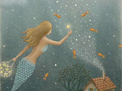 Light Up My Dream bookcover dreamy fairytale fish girl house illustration illustration art magical marine mermaid night painting sea star starry storybook underwater water