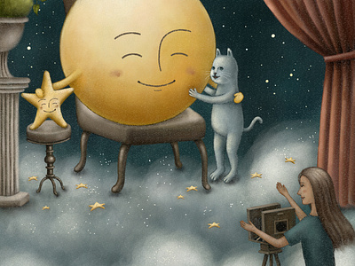 Say Cheese! artwork cat cloud fullmoon illustration illustration art moon moonlight night painting photographer star starry storybook studio vintage