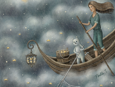 Into The Clouds artwork cat design dreamy fairytale illustration illustration art moonlight night painting star starry sky