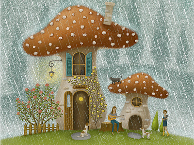 Once Upon A Rainy Day artwork cat design fairytale illustration illustration art mushroom painting