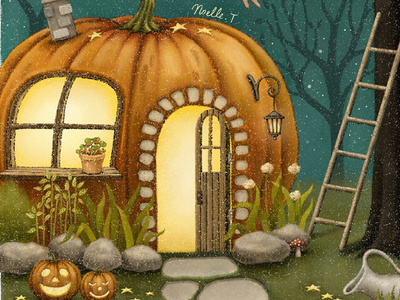 Halloween Fairy House artwork design drawing fairy house fairytale halloween halloween design illustration illustration art jack o lantern midnight night painting pumpkin star starry storybook