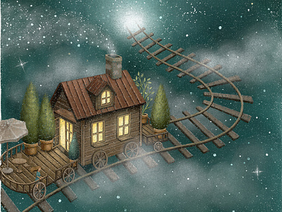 Drifting Into The Light artwork dream dreamy fantasy illustration illustration art light magical midnight moonlight night painting star starry storybook train