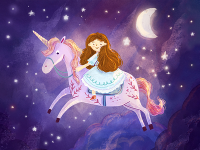 Girl and unicorn art book illustration children illustration enchanted fairytale fantasy art galaxy girl character girl illustration illustration magical moon riding sky stars unicorn