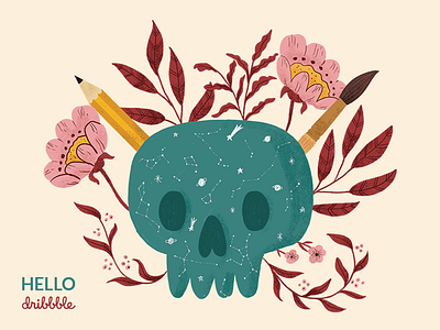 Hello Dribbble! art artist debut draw dribbble first shoot flowers hello illustration plants skull space