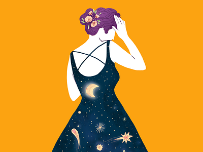 Cosmos woman beautiful character colorful cosmos draw dress flowers galaxy girl illustration lady modern moon pretty space space art stars summer universe woman