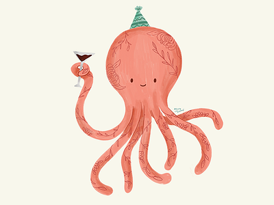 Party Octopus animal art artist beautiful celebration colorful creature deep sea draw glass happy illustration martini ocean octopus party partyhat sea squid tattoo